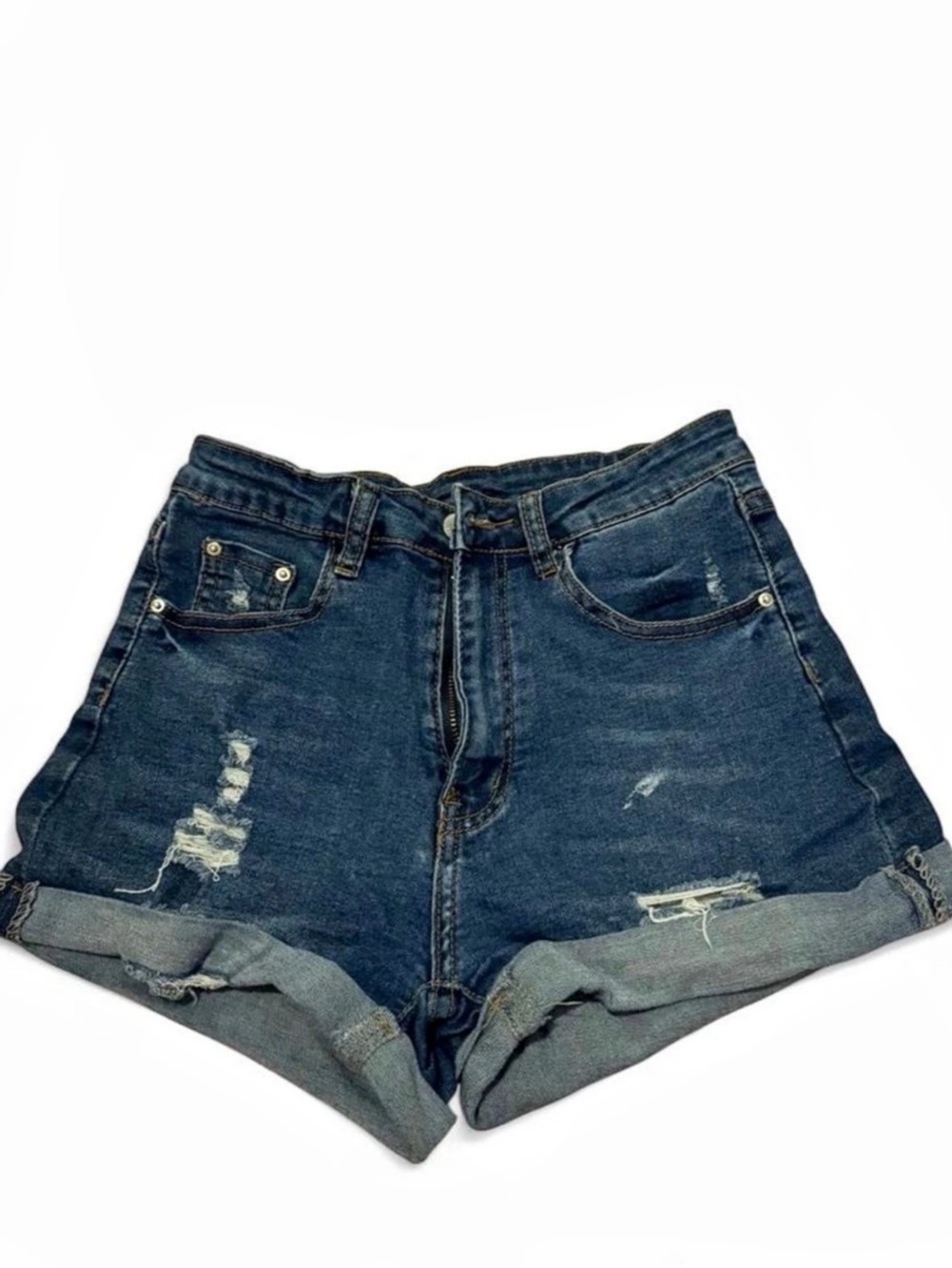 SHEIN High Waist Distressed Rolled Cuff Denim Shorts Blue XS